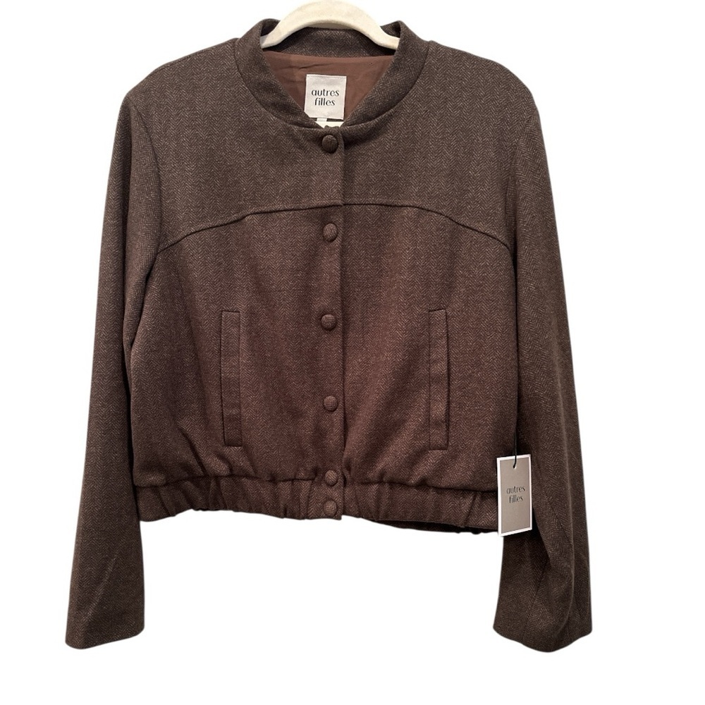 Autres Filles Brown Bomber Jacket Snaps Pockets Preppy Neutral Sz L